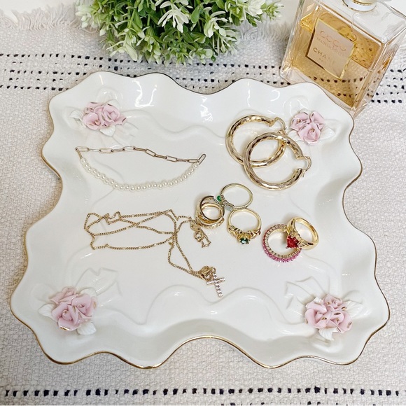 Vintage Porcelain Jewelry Tray Pink Flowers Coquette - Picture 1 of 7